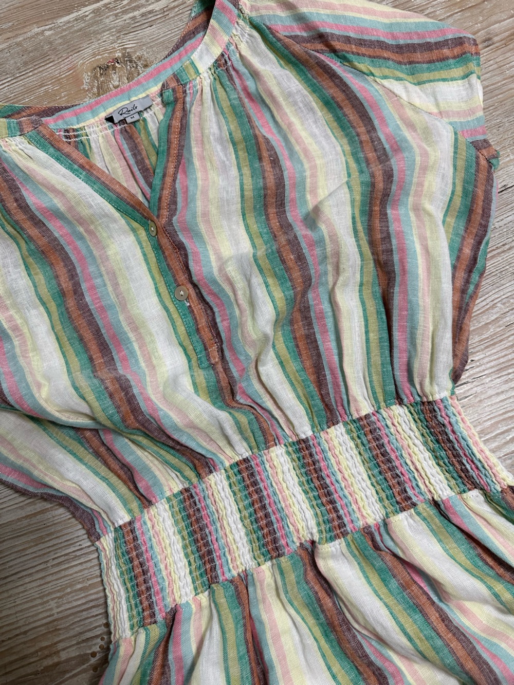 Rails Augustine Palais Stripe Pastel Smocked-Waist Mini Dress Linen Blend Sz M - Picture 7 of 15